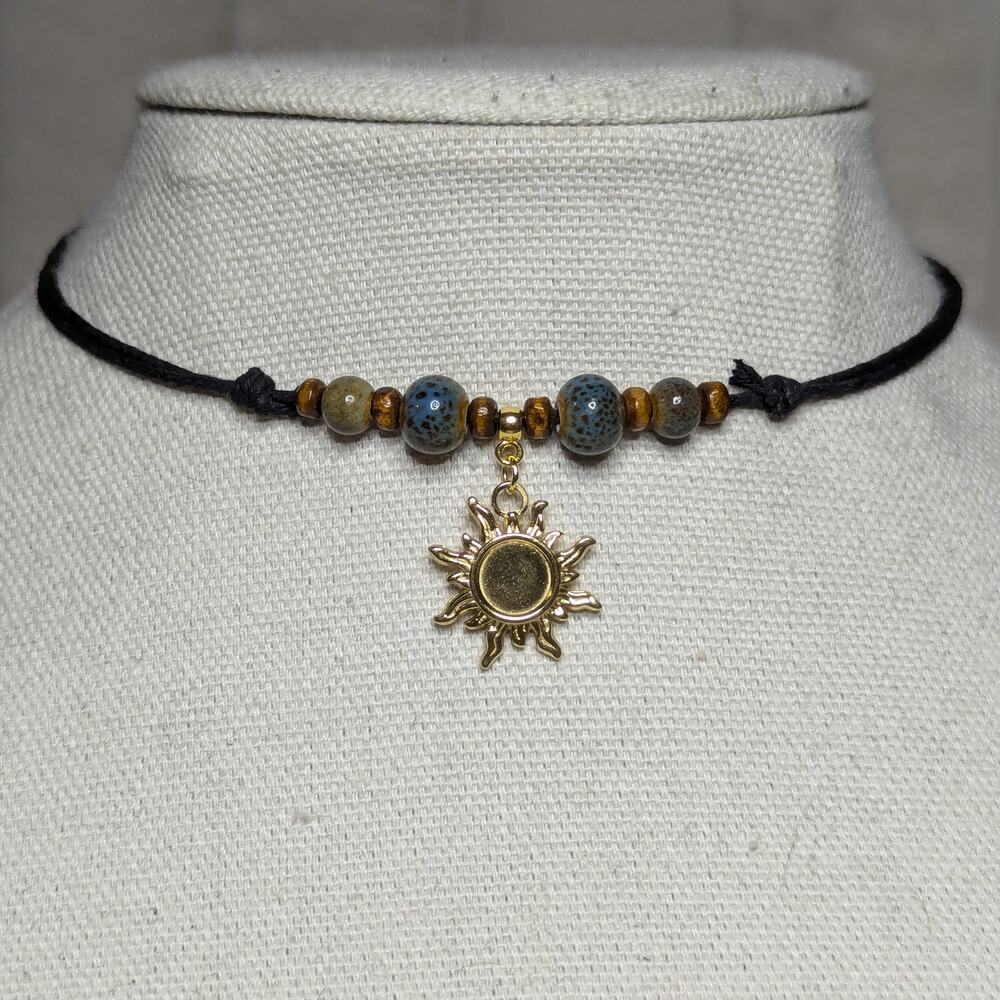 Gold Sun Stainless Steel Ceramic Beaded Blue Green Boho Hippie Choker Necklace